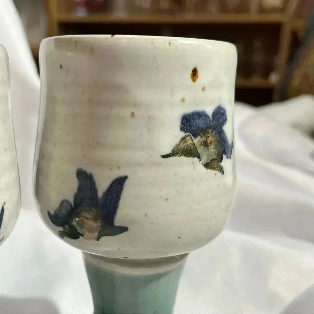 Vintage Handmade Orchid Stoneware Wine Goblet Set of 4 - Picture 5 of 7